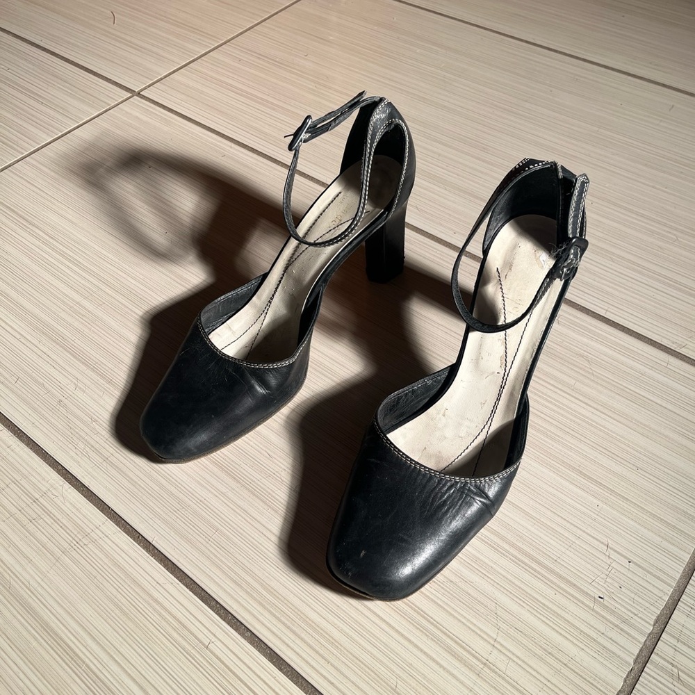 Kate Spade, Black leather Ankle-Strap 3” Heels, made in Italy size 7.5.